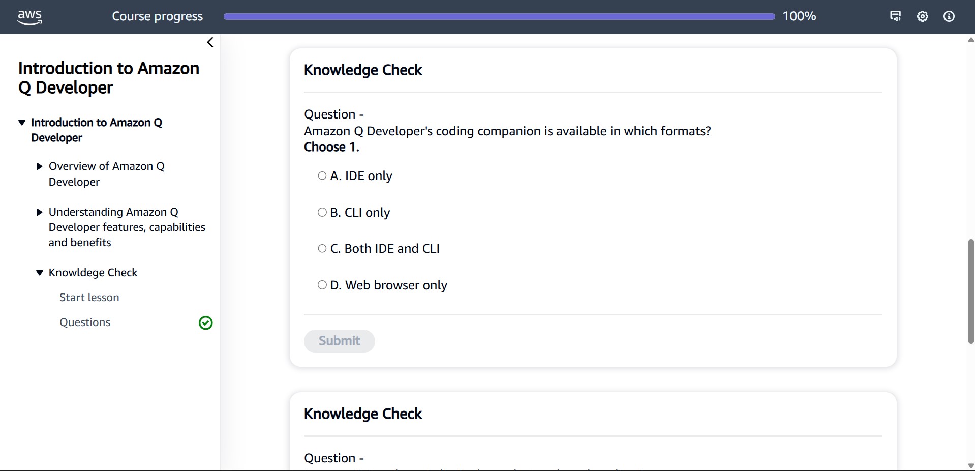 Introduction to Amazon Q Developer (Technical) - Knowledge Check Introduction to Amazon Q Developer (Technical) - Knowledge Check