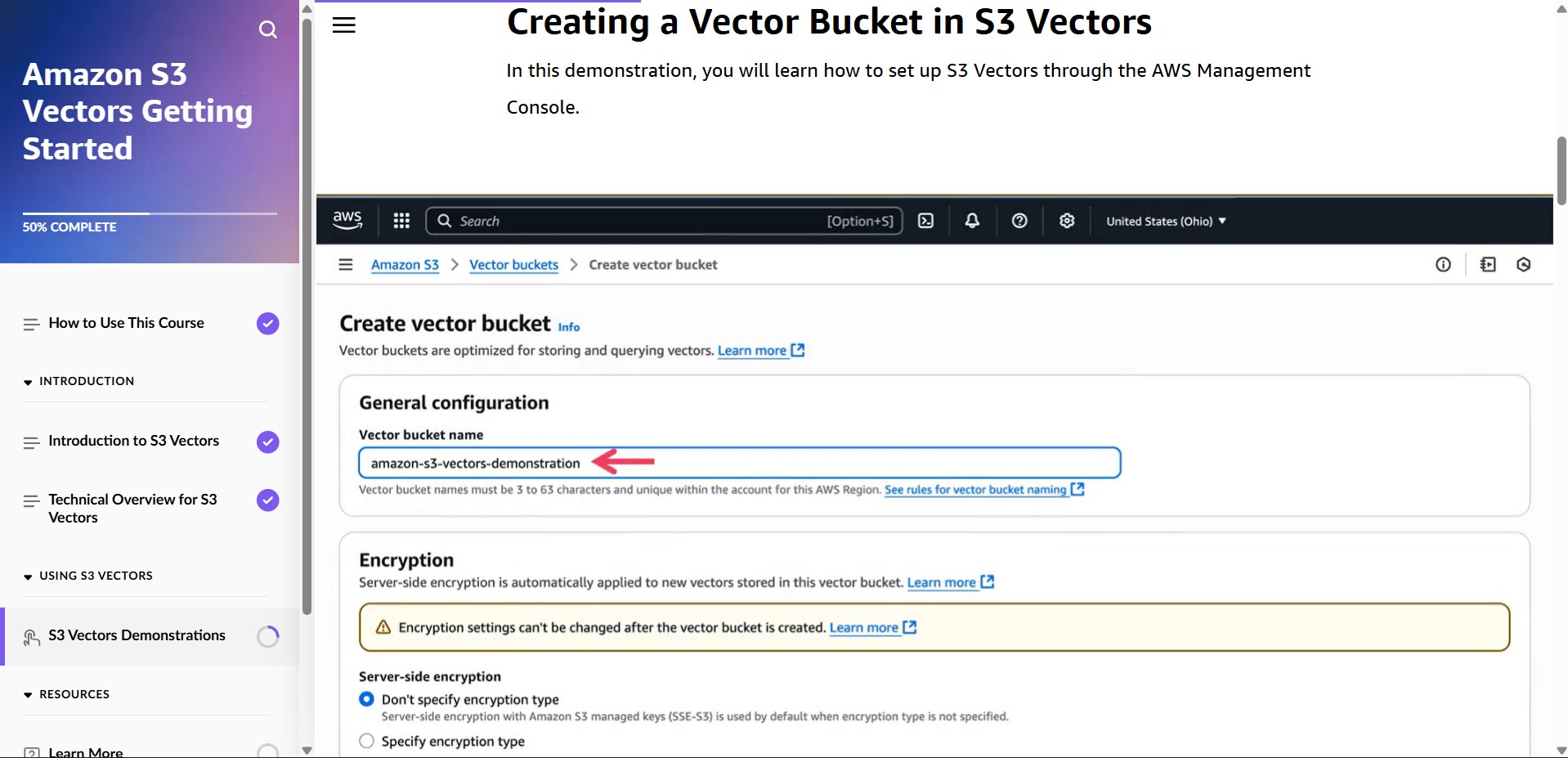Amazon S3 Vectors Getting Started - Creating vector bucket demonstration Amazon S3 Vectors Getting Started - Creating vector bucket demonstration