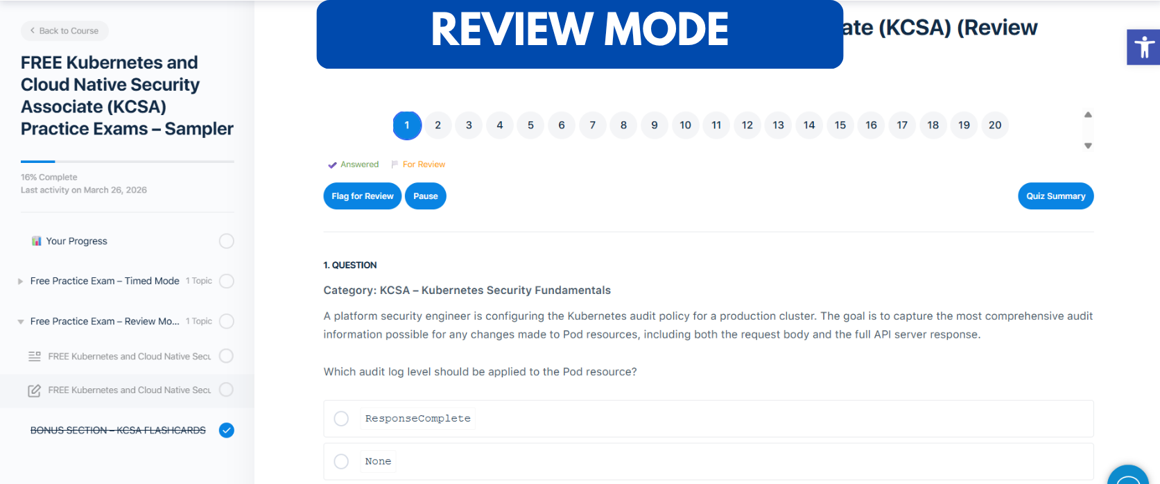 TD FREE Kubernetes and Cloud Native Security Associate KCSA - Review Mode TD FREE Kubernetes and Cloud Native Security Associate KCSA - Review Mode