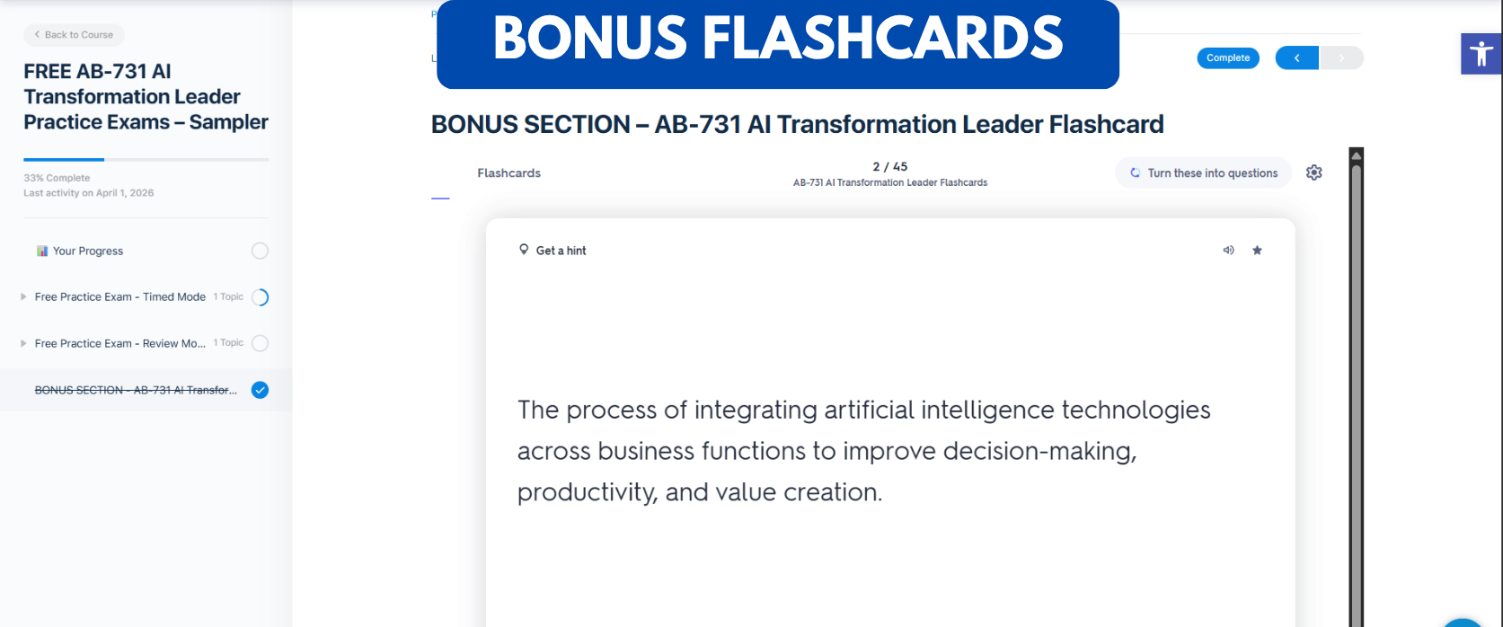 TD AB-731 AI Transformation Leader Practice Exams Sampler - Bonus Flash Cards TD AB-731 AI Transformation Leader Practice Exams Sampler - Bonus Flash Cards